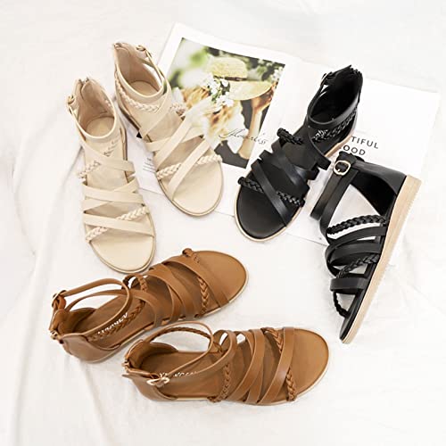 Women's Cross Strappy Sandals Summer Flat Roman Sandal Ankle Strap Shoes Sandals Beach Poolside Travel (Color : Apricot, Size : 9.5-10 US)2