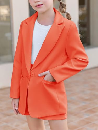 Image of Batermoon Girls 2 Piece Outfits Button Front Long Sleeve Blazer and Short Pants Suit Sets 4-14 Years
