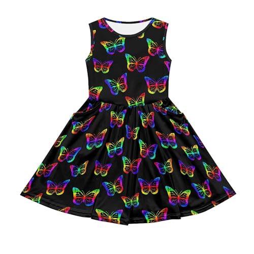 Little Girls Sleeveless Pocket Dress Butterfly Mermaid Scale Water Texture Summer Outfit for 2-14Y