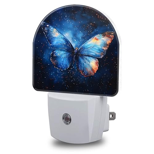 Image of Night Lights Plug into Wall Blue Butterfly with Stars Night Light Dusk to Dawn Smart Sensor Decorative Round Led Lamp for Bedroom Kitchen Hallway Nightlight for Women Men