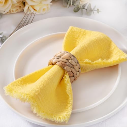 Image of Cloth Napkins with Fringe 6 Pack 17 inchx17 inch Boho Cotton Linen Napkins Yellow | Washable Dinner Napkins Rustic Fringed Gauze Napkins Cloth for Wedding Party Bridal Baby Shower Birthday Decor