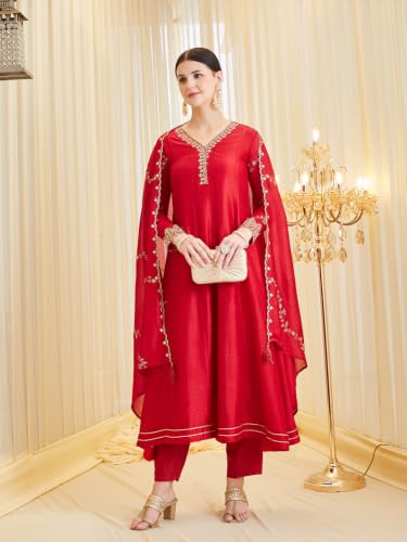 Image of MOKOSH Women's Silk Embroidery Anarkali Kurta Pant with Dupatta | Anarkali Kurta Set |Ethnic Kurta Set for Women |Floral Kurta 7 Colour Options Available |3 Piece Outfit