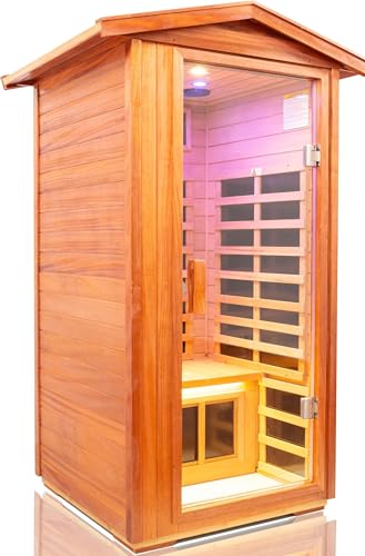 Image of LTCCDSS Mahogany Outdoor Sauna 1 Person, Ultra-Low EMF Far Infrared Sauna for Home, Chromotherapy, Bluetooth Speaker