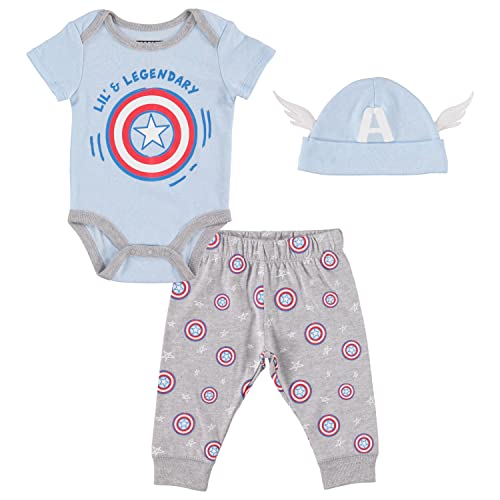 Image of CAPTAIN AMERICA Baby Boys Clothing 3-Piece Set with Baby Bodysuit, Pants, and Hat - Newborn Boy Outfits