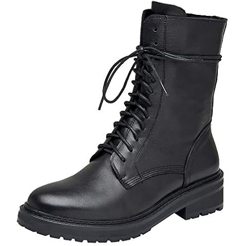 rismart Women's Mid Calf Military Boots Leather Lace Up Motorcycle Combat Shoes SN02932(Black,7 M US) Cover
