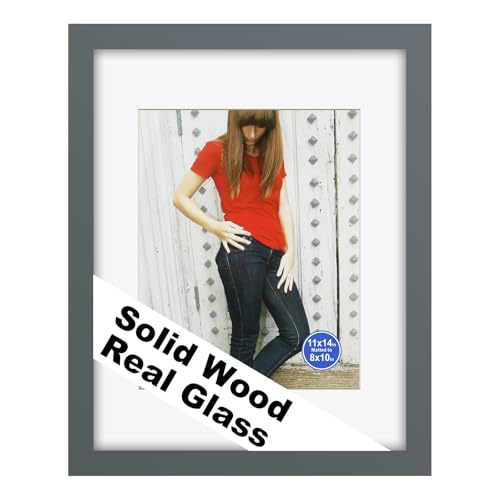 RPJC 11x14 (8x10 with Mat) Solid Wood Picture Frame Real Glass Cover Grey