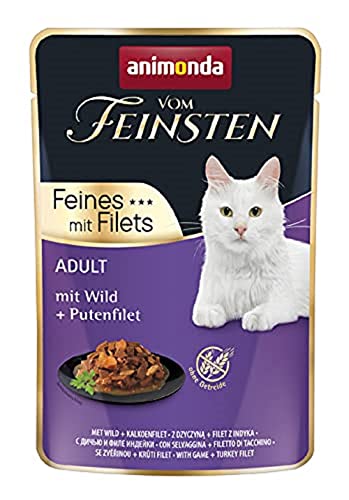 animonda vom Feinsten mit Filets, Katzenfutter nass mit Wild + Putenfilet, 18 Portionsbeutel (18 x 85g), getreidefreies Katzen Nassfutter ohne Zucker, mit fleischigen Zutaten