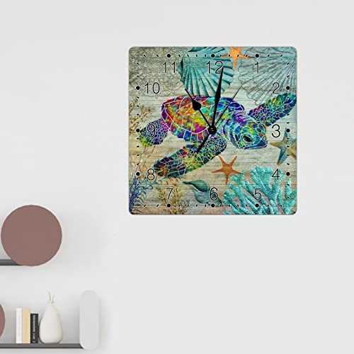 Beach Theme Ocean Colorful Sea Turtle Art Clocks Silent Non-Ticking Battery Wall Clock Coastal Tuscan Country Style Wooden Clock Starfish Square Wall Clock For Kitchen Bedroom Office 10Inch #TOP2