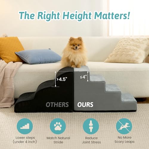 Image of COZY KISS Dog Stairs for Small Dogs 15.7 inch H, 4-Step Gentle Incline Pet Step for Couch Sofa, Non-Slip Dog Ramp for Puppy Doggie Senior Cats, 15.7x23.6x15.7 Inch, Grey