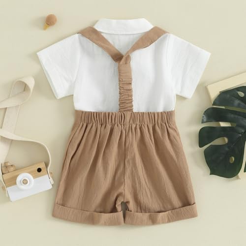 KMBANGI Toddler Newborn Baby Boys Gentleman Outfits Short Sleeve Turn-Down Collar Romper Bib Pants Bow Tie 3Pcs Short Set3