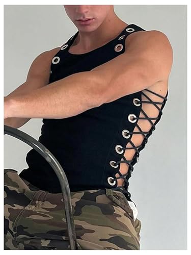 Men's Lace Up Tie Side Party Club Tank Top Sleeveless Fitted Summer Crop Tops Going Out Undershirts3