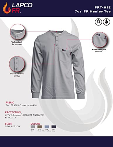 Lapco Fr Henley Shirt For Men, Flame Resistant, Long Sleeve Work Uniform Top, 100% Cotton Jersey Knit, 3 Button Crewneck Tee, Meets Atpv Hrc Cat Nfpa Safety, Frt-Hje, 6Xl Long, Navy #TOP3