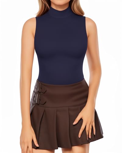 Image of MANGOPOP Women's Mock Turtle Neck Sleeveless Tank Tops /Long Sleeve Bodysuit Jumpsuit (A1 Navy Blue (Modal), Large)