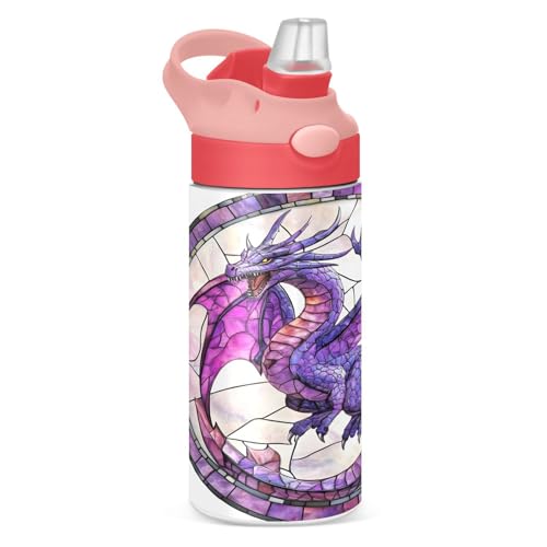 Mnsruu Botella de agua para niños con pajilla, 350 ml, diseño de dragón de cristal morado, bohemio, de acero inoxidable, aislada, a prueba de fugas, sin BPA
