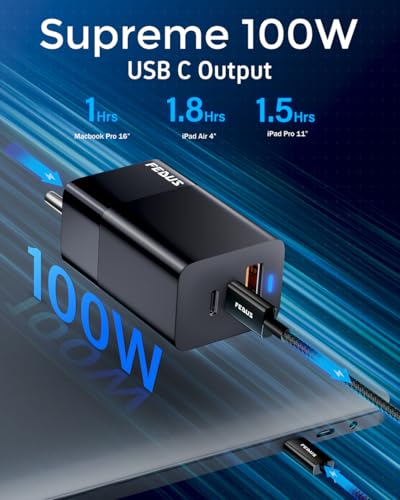 Image of FEDUS 100w gan Charger, 100w Fast Charger Gan Adapter 1 Type C & 1 USB Port Fast Charging Adapter Wall Charger for Samsung, iPhone, Tab /Pad MacBook, Dell, HP, ASUS, 100 W, Devices, 2 Yr Warranty