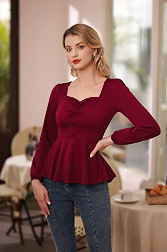 Belle Poque Long Sleeve Blouse For Women Office Peplum Top For Wedding 1950S Casual Shirt Wine Red M #TOP3