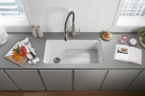 KOHLER 8206-CM6 Cairn 33-1/2\" Undermount Single-Bowl Kitchen Sink, Neoroc Composite Kitchen Sink, Single-Bowl Sink with Bottom Sink Rack, Matte White