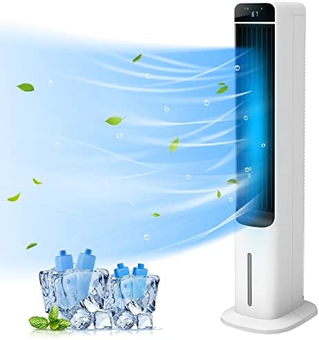 2-In-1 Evaporative Air Cooler - 41” Quiet Cooling Tower Fan Humidifier Portable Swamp Cooler with Bladeless Design, 60° Oscillation, Remote Control, 3 Modes and 3 Wind Speeds, 12H Timer, 4 Ice Boxes