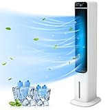 2-In-1 Evaporative Air Cooler - 41” Quiet Cooling Tower Fan Humidifier Portable Swamp Cooler with Bladeless Design, 60° Oscillation, Remote Control, 3 Modes and 3 Wind Speeds, 12H Timer, 4 Ice Boxes