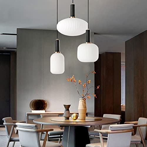 Suspension luminaire 3 globes en verre blanc et noir pour îlot de cuisine style industriel