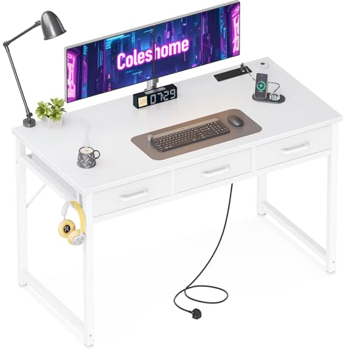 Coleshome Computer Desk with Drawers, 120x48 cm Office Desk with Power Outlets, Small Study PC Table for Home Office, Small Space, White
