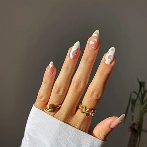 RYUUSEI 24Pcs Square Press on Nails Short Squoval White Fake Nails with Nail Glue French Pink Checkerboard False Nails Glossy Full Cover Acrylic Nails for Women