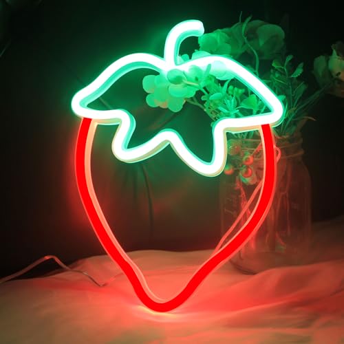 Image of Strawberry Neon Sign Red Green Strawberry Neon Lights for Cute Fruits USB Battery LED Sign for Room Restaurant Bar Fruit Shop Green Grocery Wall Decor