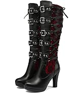 KysBloes Women's Goth Lace Knee High Boots with Buckle Heel