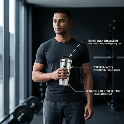 Image of Bravos Stainless Steel Protein Shaker | Leakproof, Easy Clean Cap, 750 ML | 304 BPA Free | Gym Bottle