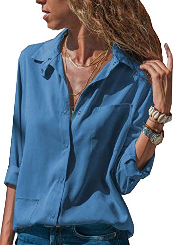 Yidarton Women's Long Sleeve V Neck Chiffon Blouses Tops Snap Button Down Business Shirts with Pockets(Blue,S)