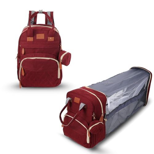 Image of Diaper Bag Backpack with Built-in Changing Station,Large Capacity Waterproof Mummy Bag with Bassinet,Insulated Pockets,Laptop Compartment & Organizer for Baby Essentials Travel,Unisex-Maroon