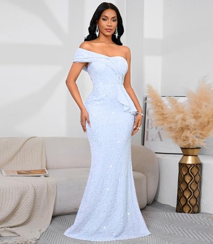 Image of Cololura Women Sexy Sequin One Shoulder Mermaid Formal Party Cocktail Gowns Bodycon Evening Maxi Dress