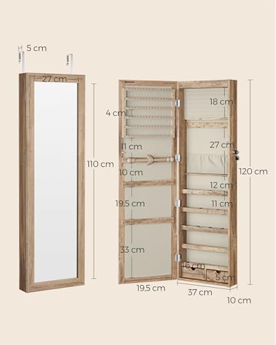 Miniatura 5 de Songmics Espejo Joyero Led, 120 Cm De Alto Con Cerradura, Armario Joyero De Pared O Montado En La Puerta, Organizador De Joyas Con Espejo, 2 Cajones, 10 X 37 X 120 Cm, Roble Tostado Jjc093n01