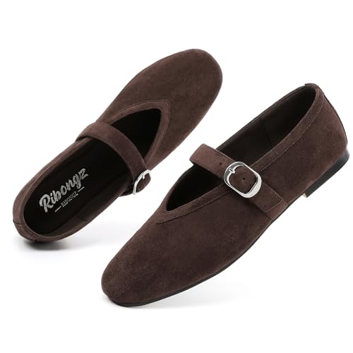 RIBONGZ Women's Flats Foldable Ballet Mary Jane Round Toe Dress Shoes with Ankle Strap Buckle Comfortable Slip On Leather Flat Girls Ballerina Shoes for Office Work Party Walking Casual