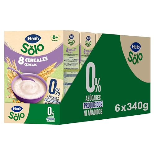Hero Baby - Papilla de 8 Cereales sin Azúcares Añadidos, para Bebés a Partir de los 6 Meses - Pack de 6