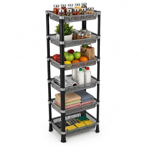 Image of KITCHIVO Multipurpose Storage Organizer Slim Rack Shelf with Wheels for Living Room, Office, Bedroom, Bathroom, Kids Room, Kitchen Trolley (Grey, 6 Layer)