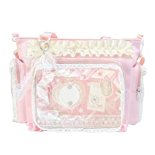 Ita Bag with DIY Accessory Kit - Clear Window Y2K Kawaii Lace Crossbody Bag with Display Insert for Pins & Button Badges Perfect for Anime & Con Fans (Pink)