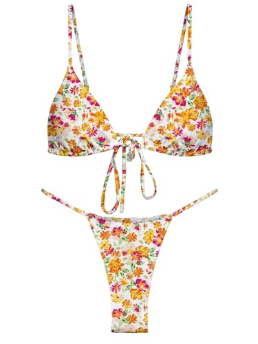 Image of OWICA Women's Sexy Triangle Bikini Sets Cheeky Thong Swimsuit Adjustable Spaghetti Straps Bathing Suit