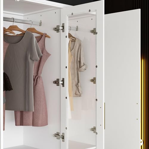FAMAPY Large Armoire Wardrobe Closet Collection with Drawers & Hanging Rods, Wardrobe Armoire with Gold Metal Handles, Large Armoire for Bedroom White (79.3”W x 19.3”D x 74.9”H)