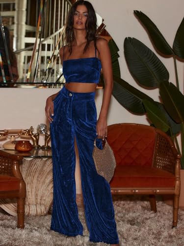 utcoco Womens High Waisted Velvet Pants Casual Loose Fit Button Wide Leg Pants with Pockets4