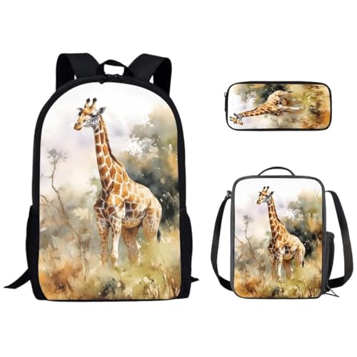 Watercolor Giraffe 17inch School Backpack for Students 3D Realistic Giraffe 3-in-1 Kids School Bag with Lunch Box Pencil Case Grassland Animal Primary Junior Bookbag