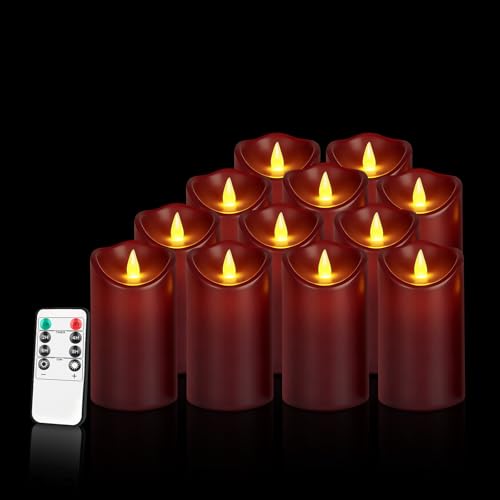 Image of Artmarry Flameless Candles 4 inch 5 inch 6 inch Set of 2 /3 /6 Outdoor Indoor Pillars Battery Operated Flickering Candles (Burgundy Candle - Moving Flame, 3 inch D X 6 inch H - 12 Pack)