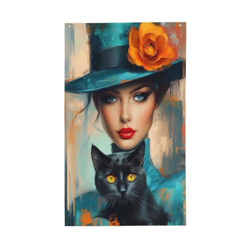 Woman In Blue Turquoise Hat Black Cat Yard House Flags,3x5 Ft Season Greeting Banner With Grommets Indoor Outdoor Party Home Decorations