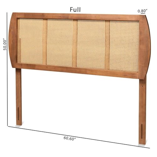 BOWERY HILL Mid-Century Queen Size Headboard, Rubber Wood and Synthetic Rattan, Ash Walnut Finish, Woven Detailing, Adjustable Height, 65.9" Wide, Bedroom Furniture