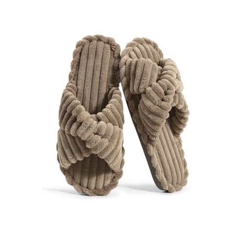 Xelky Indoor Slippers for Women House Open Toe Slipper Comfortable Corduroy Cross Bands Bedroom Shoes Fuzzy 1 Pair of Brown 38-39 Cover