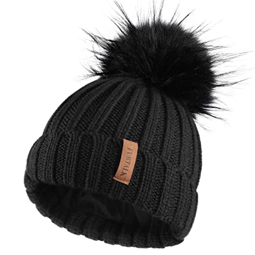 FURTALK Kleinkind Beanie Bobble Hat Baumwollfutter Kunstpelz Ball Pom Pom Cap Unisex Mädchen & Jungen Kinder Winter Strickmütze Cover
