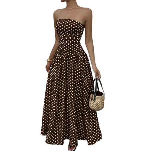 Shusuen Womens Polka Dot Strapless Dress Summer Smocked Tube Top Casual Sleeveless Swing Flowy Maxi Dresses A-line Evening Gown（Brown,Medium）