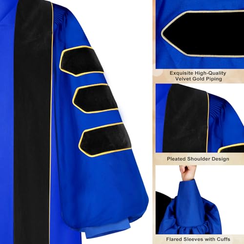 Image of Unisex Deluxe Doctoral Graduation Gown with 8 Sides Doctorate Tam | Gold Piping Doctoral Regalia for Graduation Ceremony Sapphire Blue-48