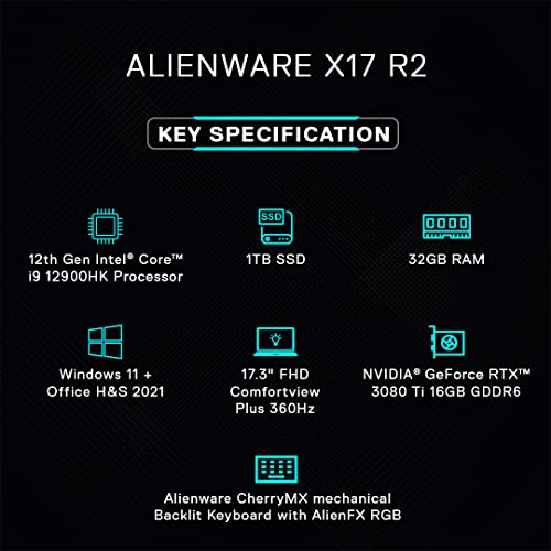 Image of DELL New Alienware x17 R2 Gaming Laptop, Intel i9-12900HK, Win11 + Office'21, 32 GB DDR5, 1TB SSD, NVIDIA RTX 3080 Ti (16GB GDDR6), 17.3 inch (43.93Cms) FHD 360Hz, AlienFX RGB KB (D569944WIN9, 2.96Kgs)