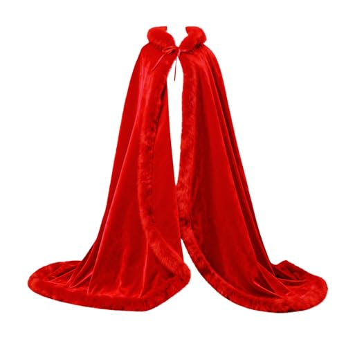 Image of JIAHG Luxury Velvet Hooded Cape with Faux Fur Trim Long Witch Cape Bridal Wedding Cloak Christmas Santa Robe Winter Costume Outfit for Women Halloween Cosplay Fancy Dress (Red)